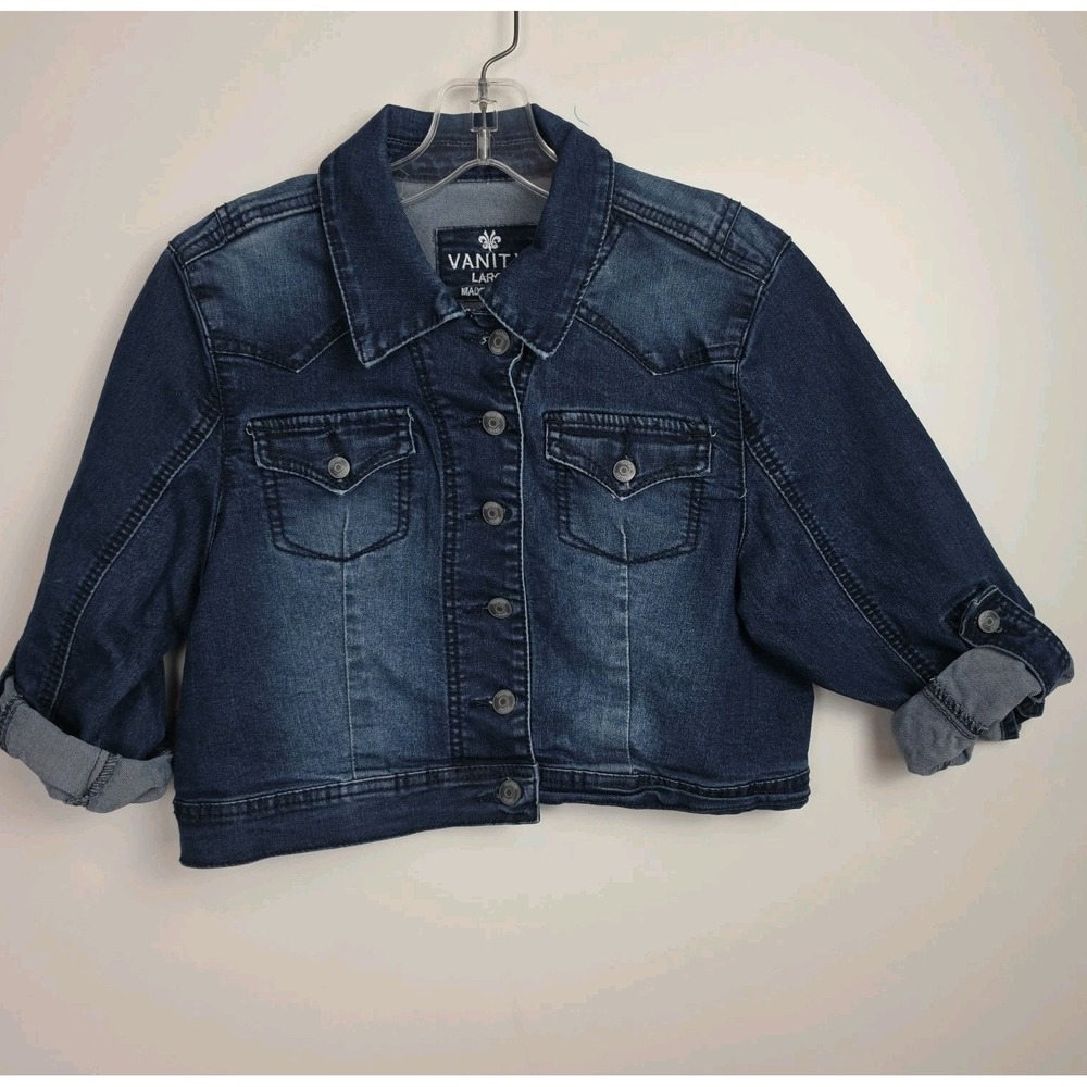 Vanity Denim Button-Up Jacket Women's Size L Dark Blue 3/4-Sleeves